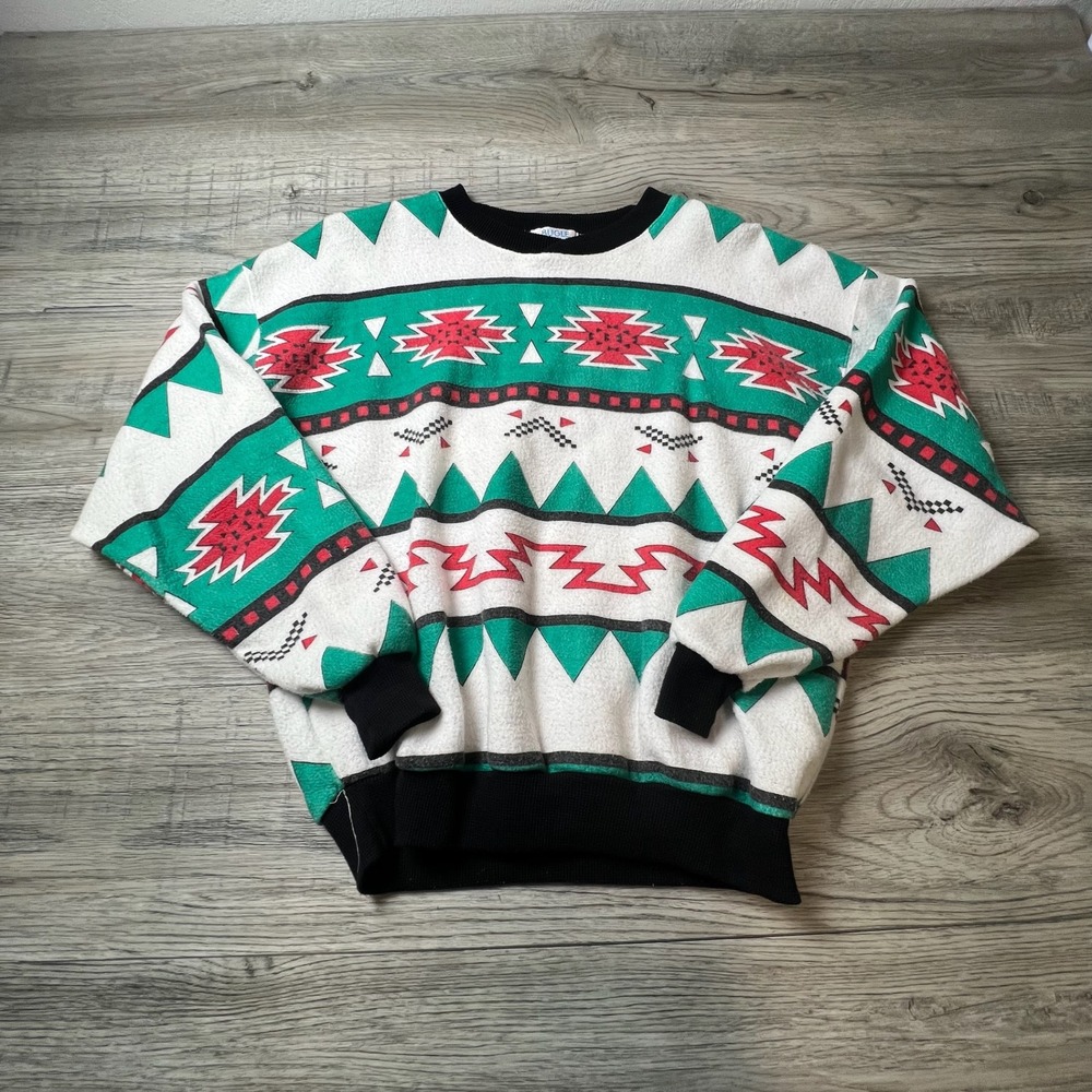 Bugle Boy Sweater Mens Medium White Teal Red‎ Geometric Aztec Vintage 90s Fleece